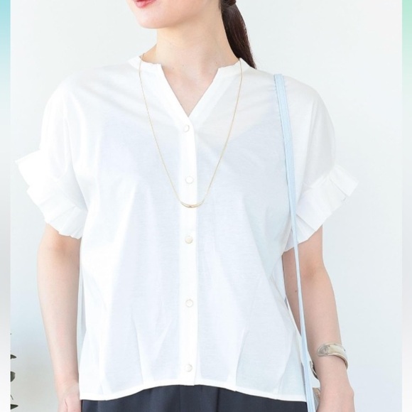 BEAMS Heart - White Button down V neck Short sleeve blouse shirt - Picture 4 of 15
